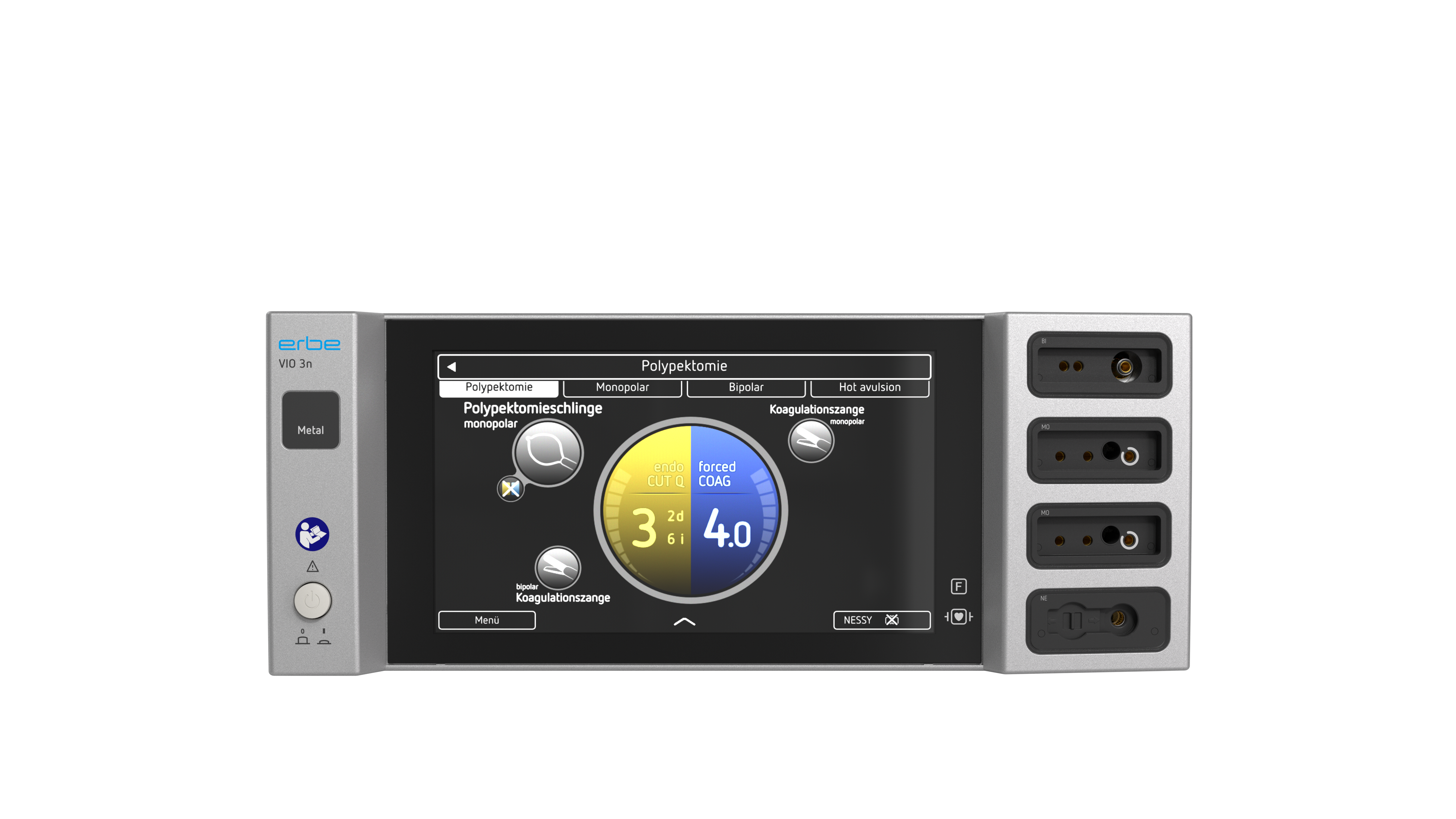 VIO® 3n Metal electrosurgical generator with illuminated display showing endCUT Q and forcedCOAG modes on the user interface.