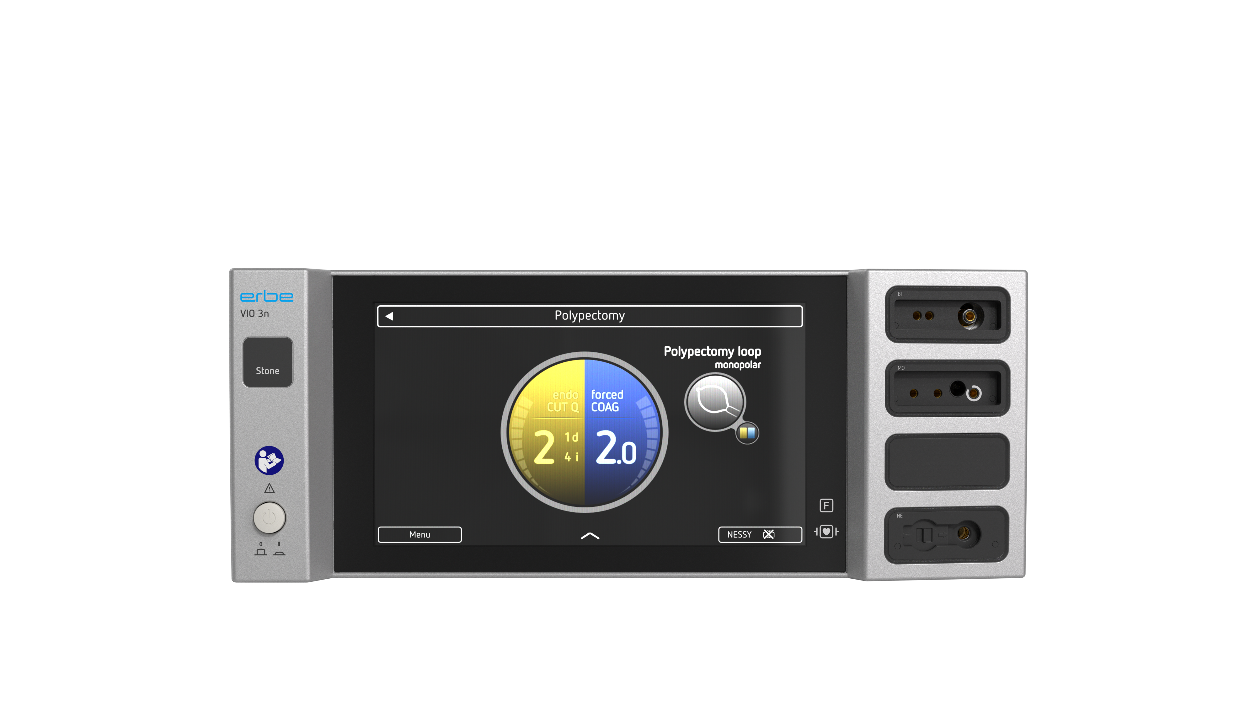VIO® 3n Stone electrosurgical generator with illuminated display showing endCUT Q and forcedCOAG modes on the user interface.